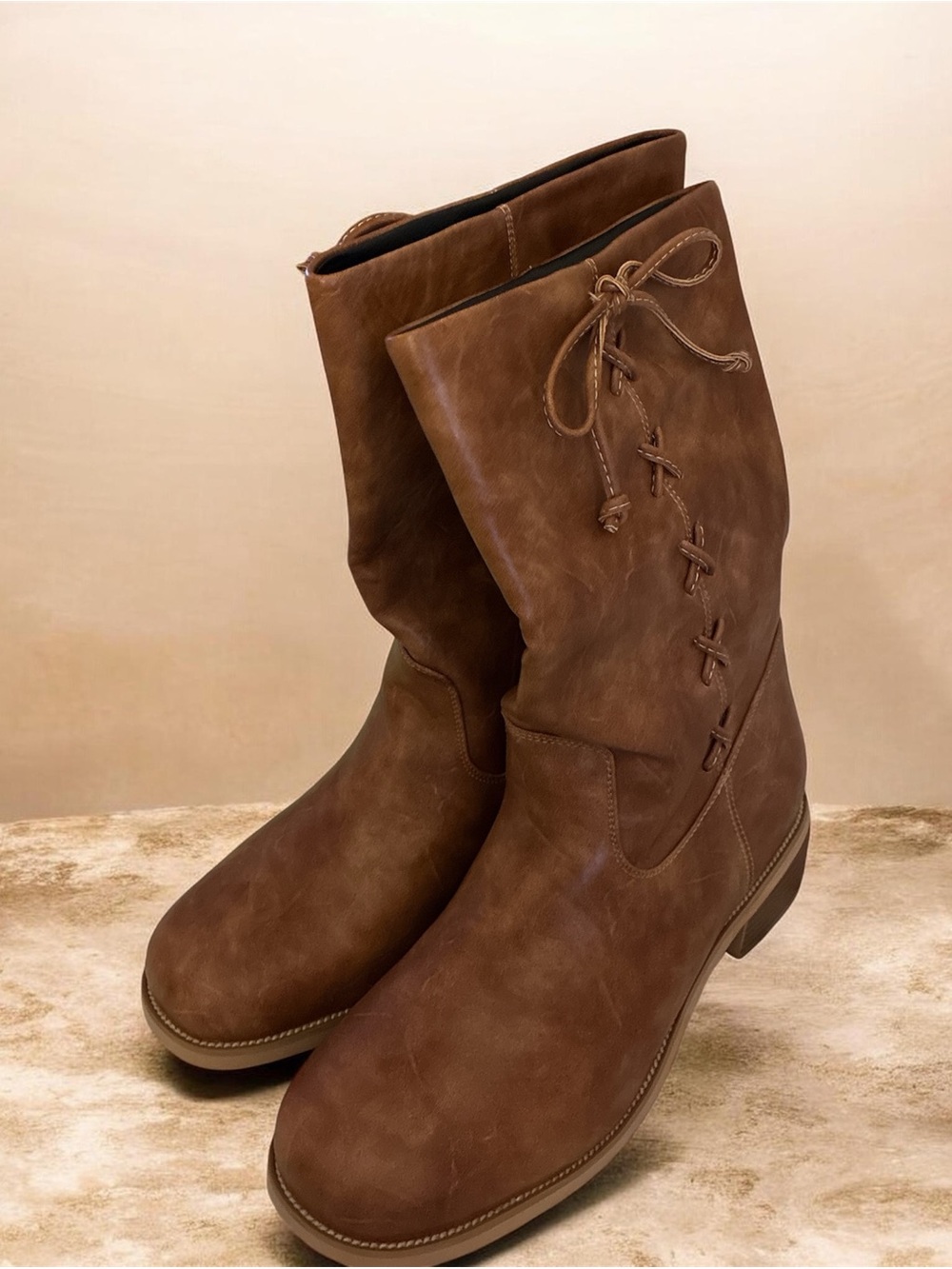 Women's Brown Mid-Calf Lace-Up Casual Boots